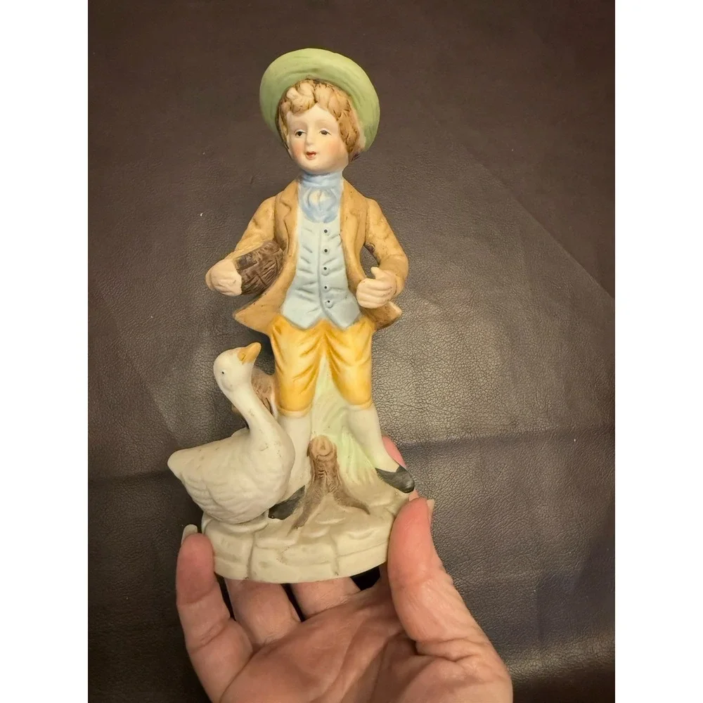 Vintage Porcelain Figurine Boy Feeding Duck with basket Collectible Hand Painted